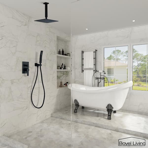1-Spray Patterns with 2.5 GPM 10 in. Ceiling Mount Dual Shower Heads with Pressure Balance Valve in Matte Black