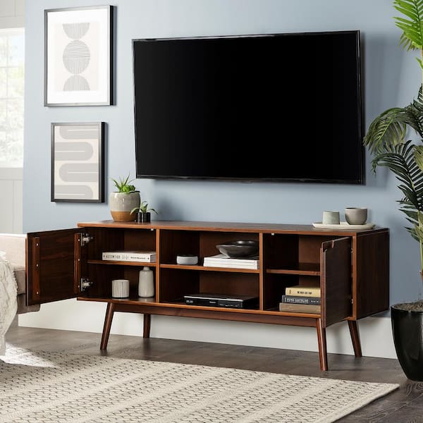 58 in. W Walnut Solid Wood TV Stand with Cutout Cabinet Handles (Max tv size 65 in.)