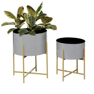 16 in. and 12 in. Medium Gray Metal Indoor Outdoor Planter with Removable Gold Stand (2- Pack)