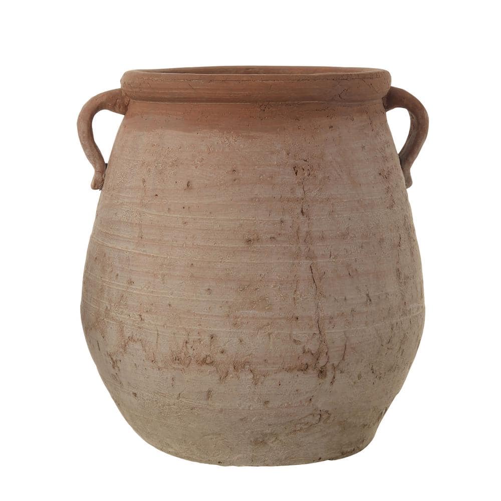 14" Orange and Whitewashed Terracotta Urn with Handles