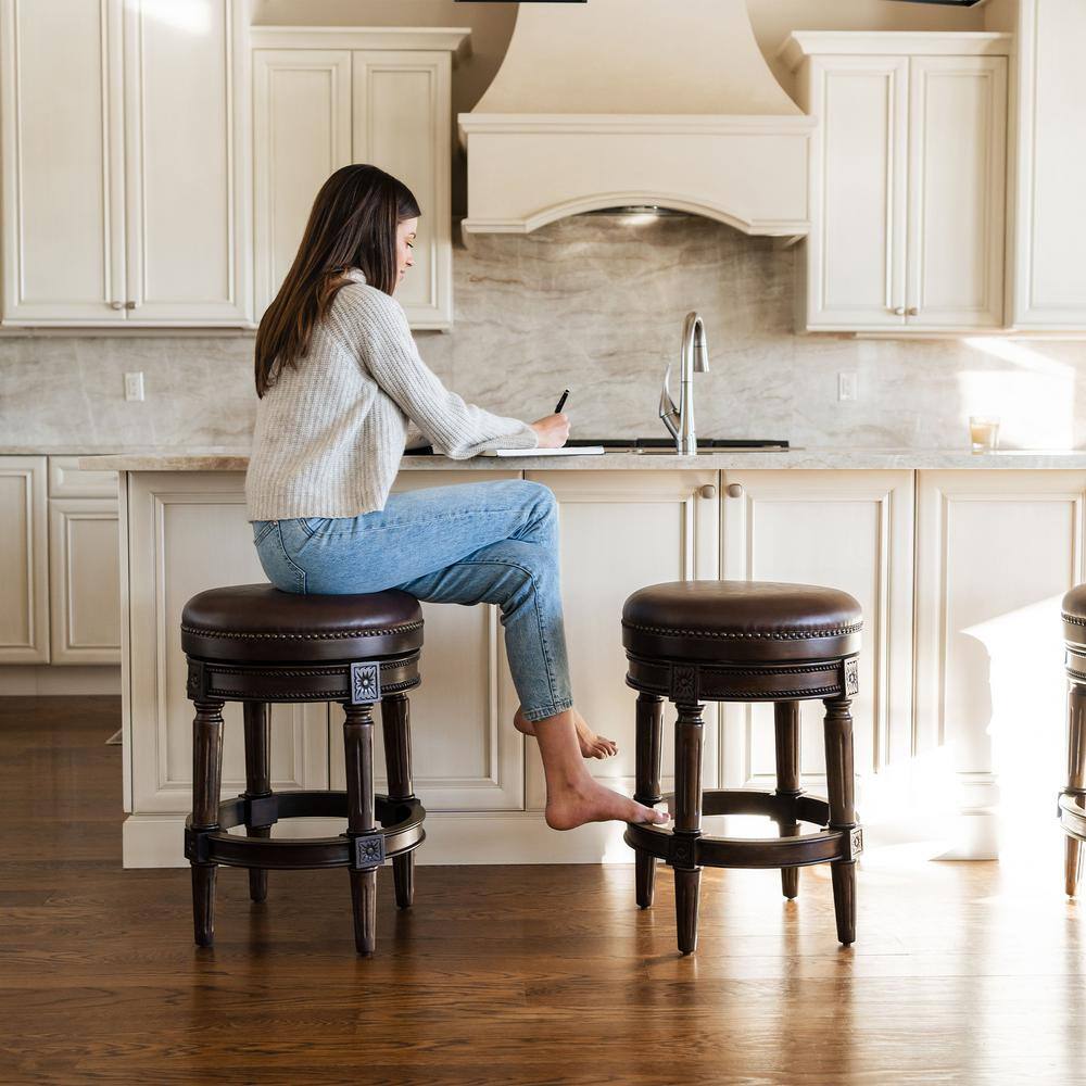 Dark Walnut Backless Swivel Counter Stool with Leather Seat