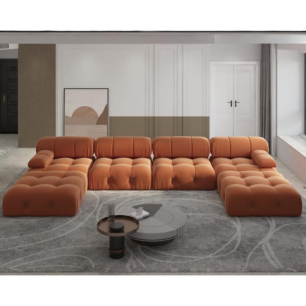 J&E Home 138.61 in. Square Arm 6-piece U Shaped Velvet Modular Free Combination Sectional Sofa with Ottoman in. Orange