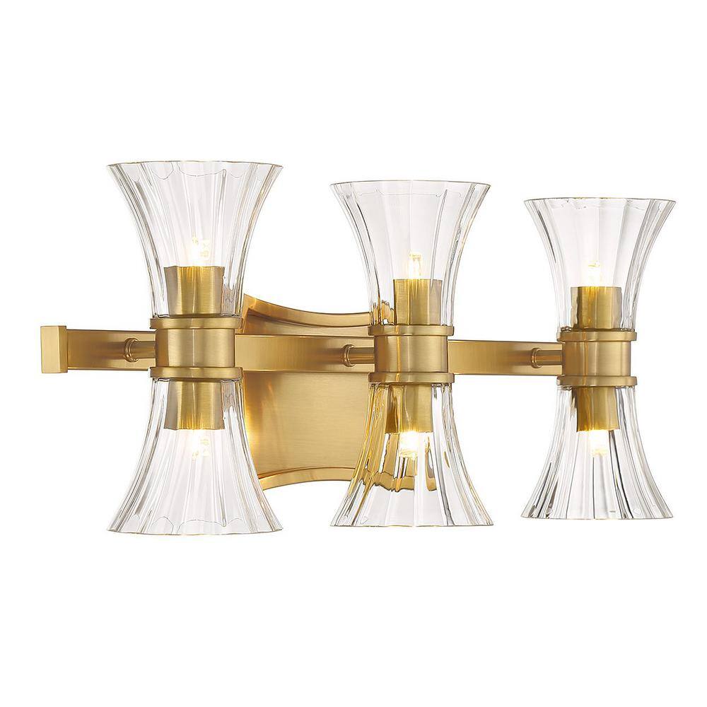 Warm Brass 6-Light Vanity with Clear Ribbed Glass Shades