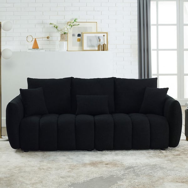 Z-joyee 82 in. Wide Square Arm Teddy Creative Velvet Rectangle Modern Upholstered Sofa in Black