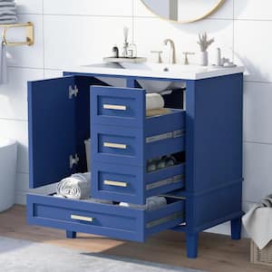 30 in. Modern Freestanding Bathroom Vanity Storage Blue Solid Wood Cabinet Combo Set with White Sink, 3 Drawers
