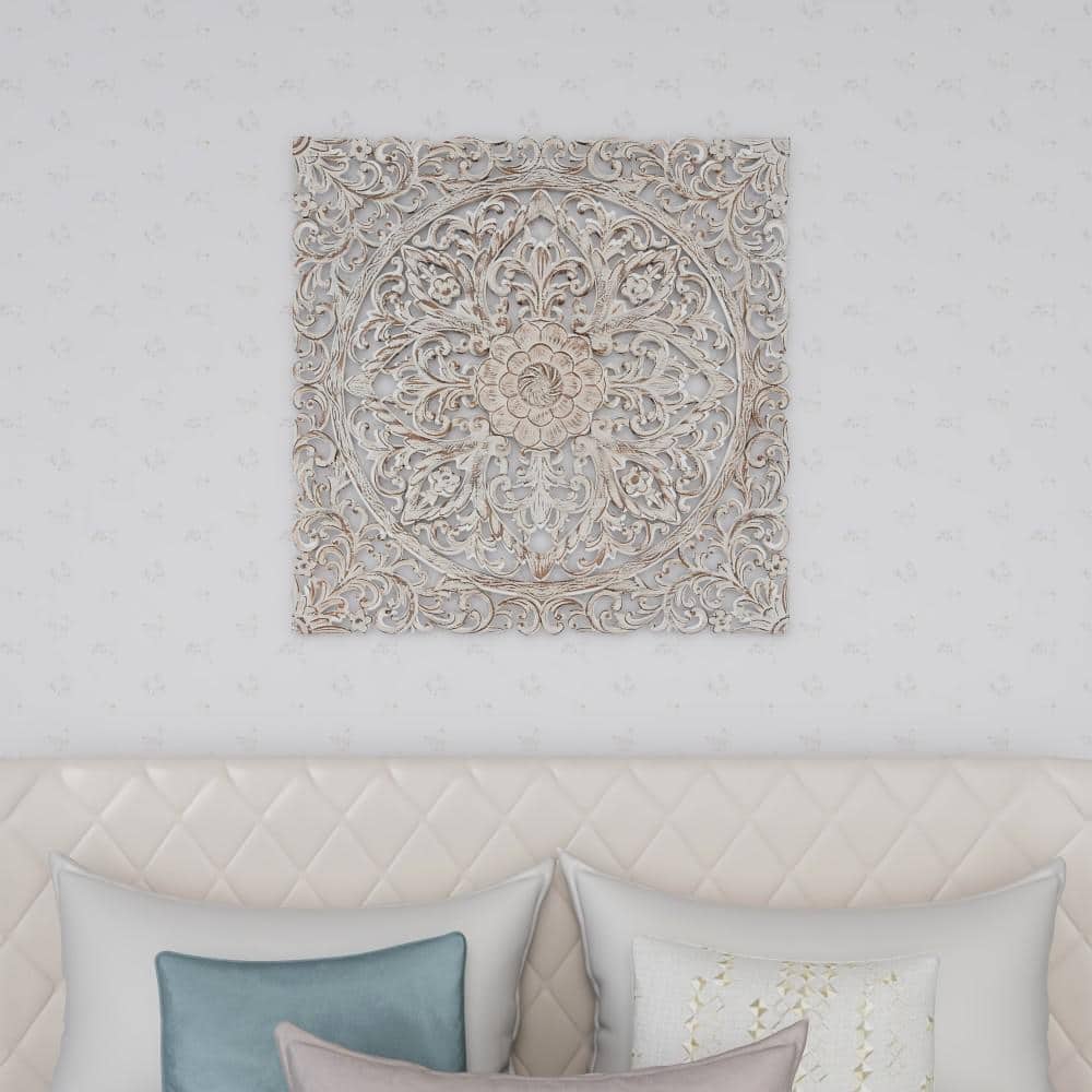 Brown and White Carved Floral Mandala Wood Wall Decor