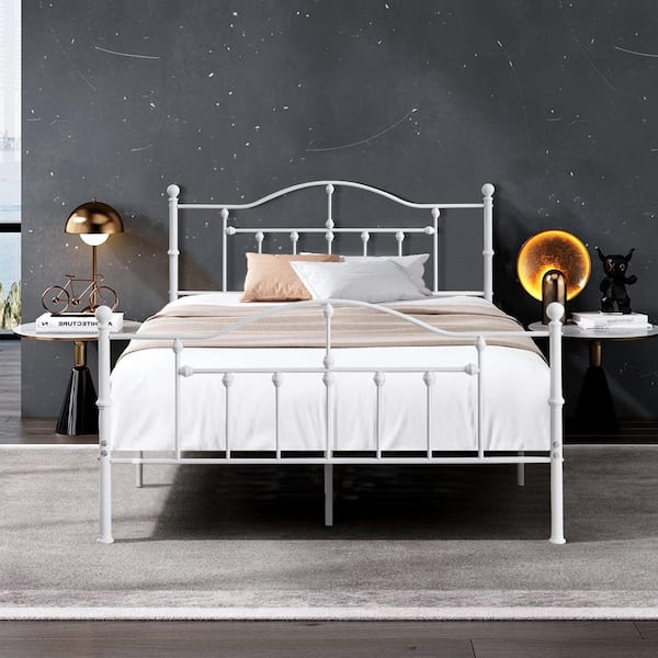 VECELO Queen Size Victorian Style Metal Bed Frame with Headboard Mattress Foundation Under Bed Storage 60 W White KHD YT Q01 UW