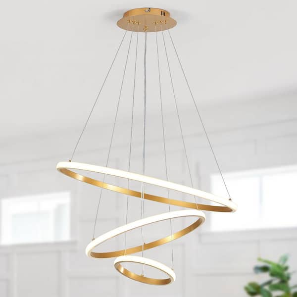 60-Watt Gold 3 Ring LED Hanging Pendant Light Fixture Dimmable Chandelier Lighting for Kitchen Island