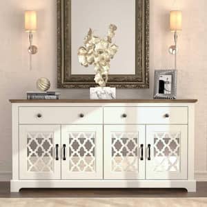 Heron Ivory and Knotty Oak Wood 59.1 in. 4-Door Wide Sideboard with Adjustable Shelves and Drawers