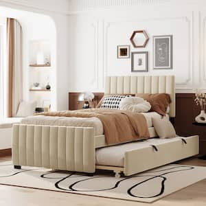 Channel-Tufted Beige Wood Frame Twin Size Velvet Upholstered Platform Bed with Twin Size Trundle