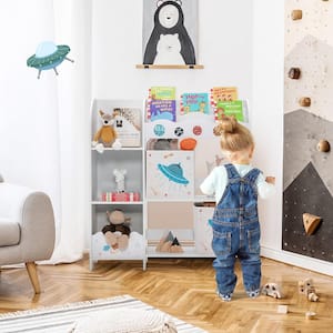 36.5 in. Kids Toy and Book Organizer Children Wooden Storage Cabinet White Bookcase w/Storage Bins