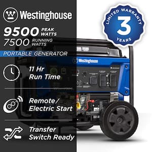 WGen7500c 9,500/7,500-Watt Gas Powered Portable Generator with Remote Start, Transfer Switch Outlet and CO Sensor