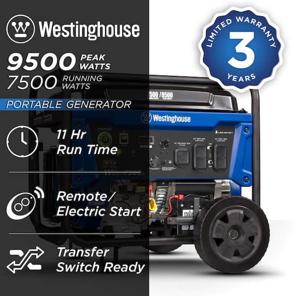 9,500/7,500-Watt Gas Powered Portable Generator with Remote Electric Start, 30A 120/240V Outlet