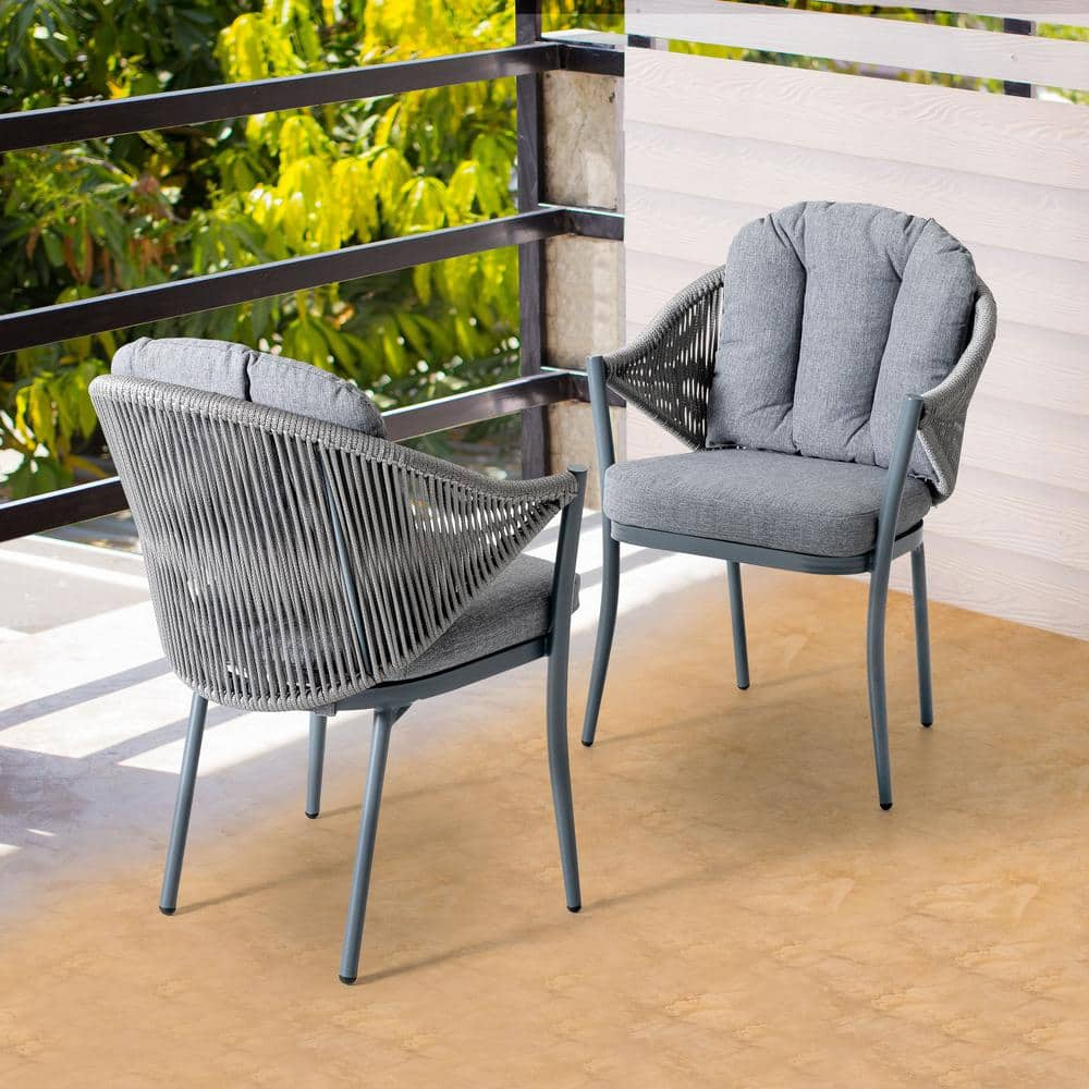 Nuu Garden Removable Aluminum and Woven Rope Outdoor Arm Dining Chair with Grey Cushions 2 Pack DW101 02HS The Home Depot