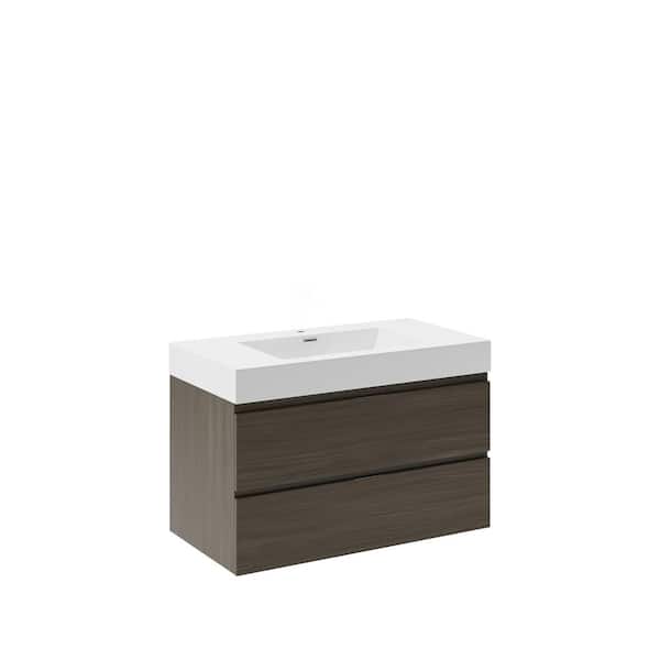 Fresca Valencia 36 in. W Wall Hung Bathroom Vanity in Gray Oak with Acrylic Vanity Top in White