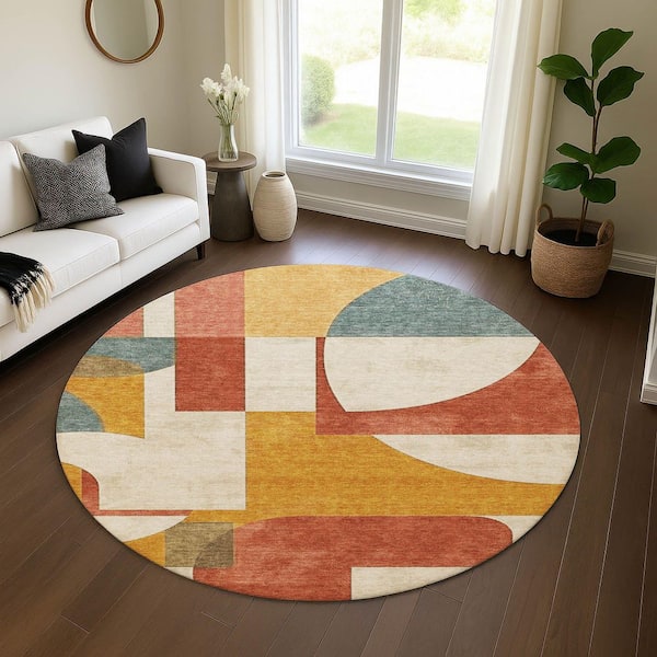 Mayfield Premium Machine Washable Abstract AMF1692 Coral 8 ft. x 8 ft. Round Rug