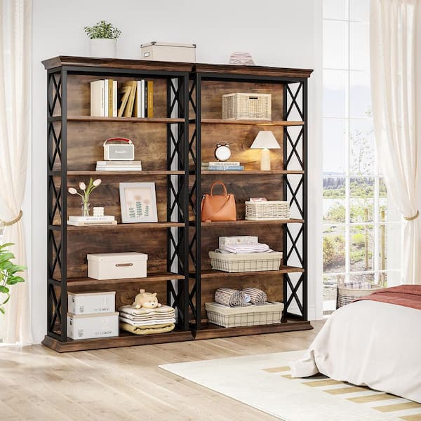 Frailey70.9 in. Tall Brown Wood 5-Shelf Etagere Bookcase with Metal Frame, 5-Tier Indsutrial Bookshelf Home Office 2PCS