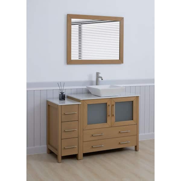 48 in. W Single Basin Natural Oak Bath Vanity with White Engineered Marble Top and Mirror