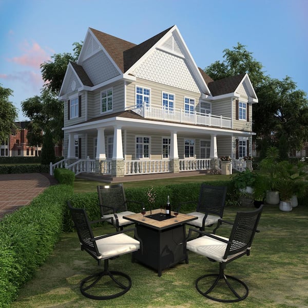 Unbranded Black 5-Piece Metal Outdoor Patio Fire Pit Seating Set 28 in. Square with Beige Textilene Swivel Chairs