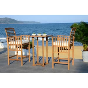 Pate Natural Brown 3-Piece Wood Outdoor Bistro Set with White Cushions