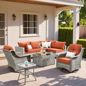 Holston 8-Piece Wicker Modern Outdoor Patio Conversation Sofa Seating Set with Swivel Chairs and Orange Red Cushions