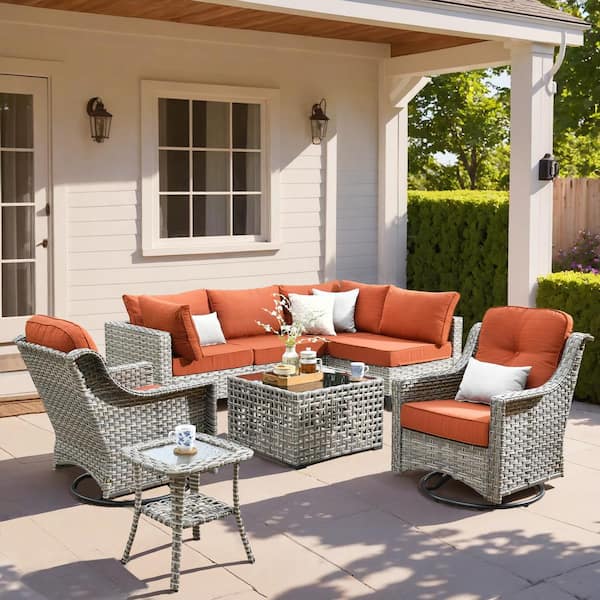HOOOWOOO Holston 8-Piece Wicker Modern Outdoor Patio Conversation Sofa Seating Set with Swivel Chairs and Orange Red Cushions