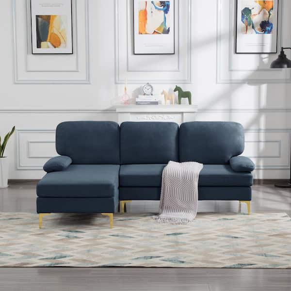 Uixe 79.5 in. W Modern 2-Piece Polyester Upholstered L-shaped Sectional Sofa in Navy Blue With Chaise and Golden Metal Legs