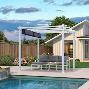 10 ft. x 10 ft. White Aluminum Frame Morden Pergola with Navy Blue Retractable Sun Shade Canopy for Garden Grill