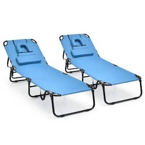 2-Pieces Metal Beach Outdoor Chaise Lounge Chair Adjustable Face Down Tanning Chair Removable Pillow Blue