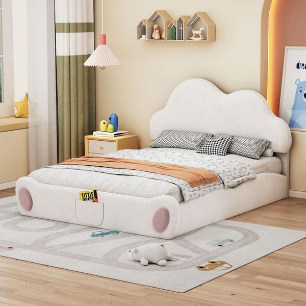 Beige Wood Frame Queen Size Platform Bed with Rounded Footboard and Pocket