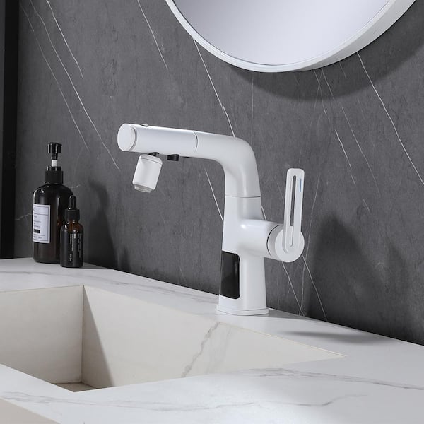 YONKI SUNSHIN INC Single Handle Single Hole 360° Swivel Pull Out Bathroom Faucet 1.64 GPM with Sprayer and Digital Display in White