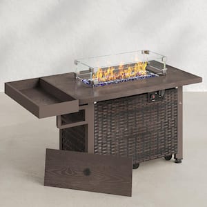 52 in. 50,000 BTU Brown Rectangular Wicker Outdoor Fire Pit Table with Storage Shelf Glass Wind Guard Lid and Dust Cover