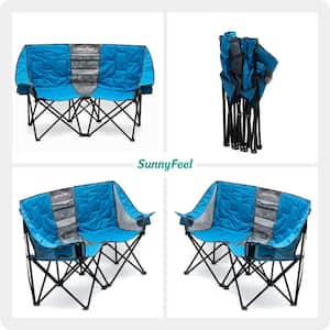 Blue 2-Seater Metal Outdoor Beach Chair Camping Lounge Chair with Mesh Net Storage Bag and Cup Holder