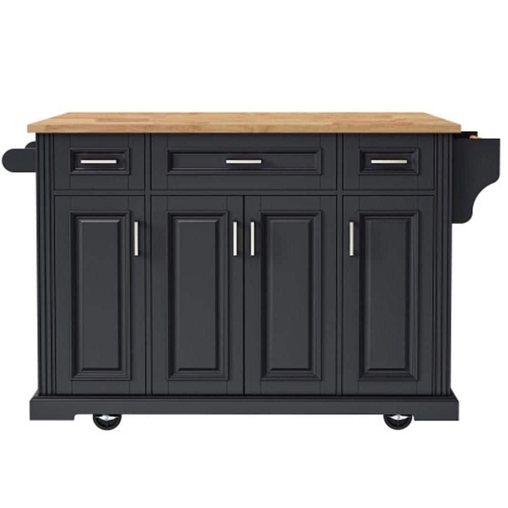Black Rubber Wood 54 in. Large Kitchen Island with Drop Leaf, 4-Wheels, 4-D