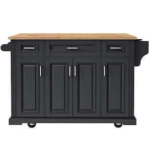 Black Rubber Wood 54 in. Large Kitchen Island with Drop Leaf, 4-Wheels, 4-Doors and 3-Drawers for Kitchen, Dining Room