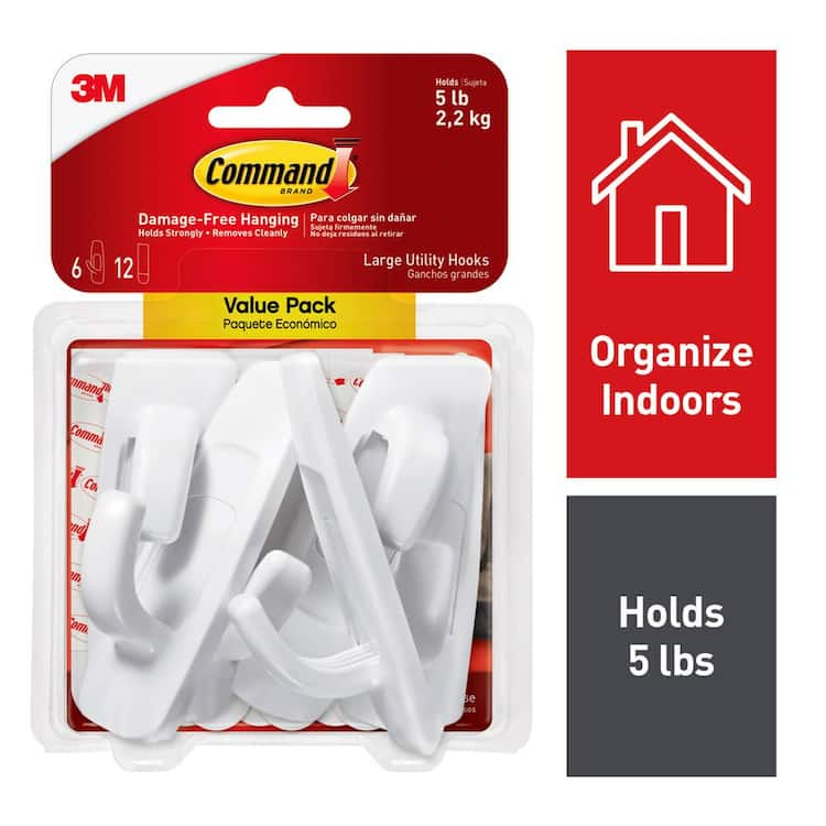 Command Large Utility Hooks, White, Damage Free Decorating, 6 Hooks and 12 Command Strips