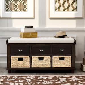 42.1 in. L x 15.4 in. W x 18.7 in. H Rustic Espresso Brown Storage Bench with 3-Drawers and 3-Rattan Baskets