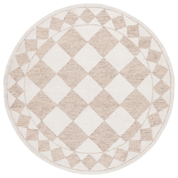Ebony 6 ft. x 6 ft. Round Light Brown/Ivory Border Diamond Area Rug