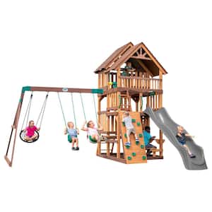 Highlander All Cedar Wood Children's Swing Set Playset with Multi-level Clubhouse Rockwall Swings and Gray Wave Slide