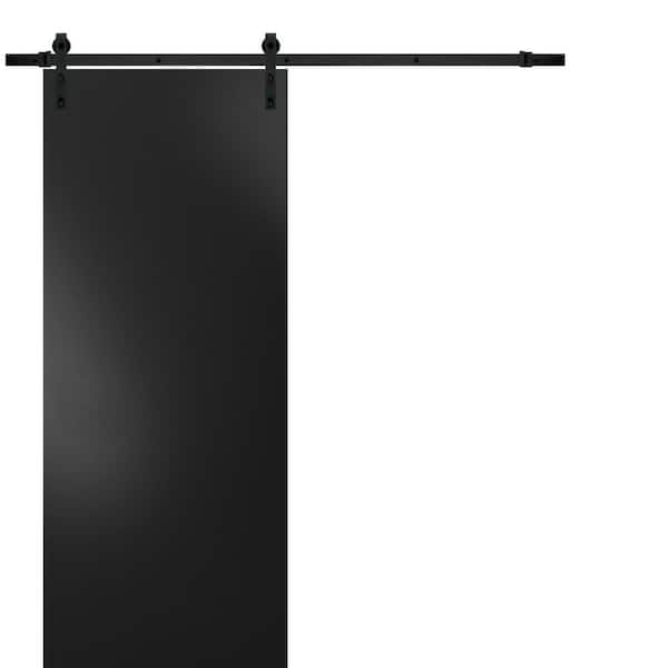0010 30 in. x 80 in. Flush Black Finished Wood Sliding Barn Door with Hardware Kit Black