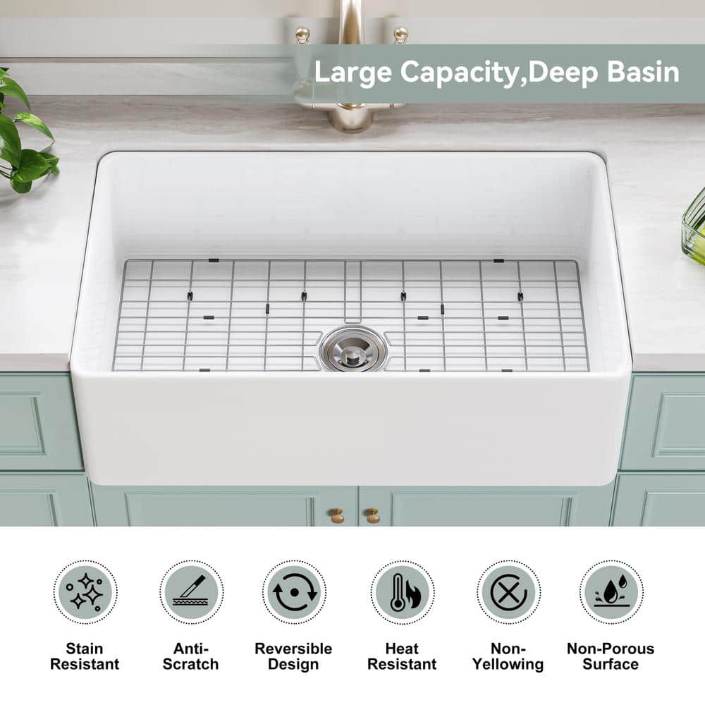 White Fireclay 33" Farmhouse Apron Front Single Bowl Kitchen Sink