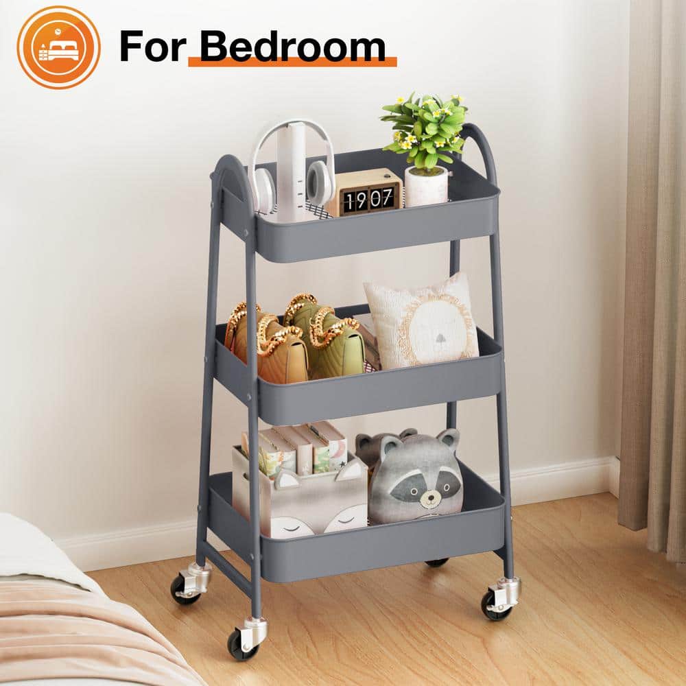 Gray Metal 3-Tier Rolling Kitchen Storage Cart
