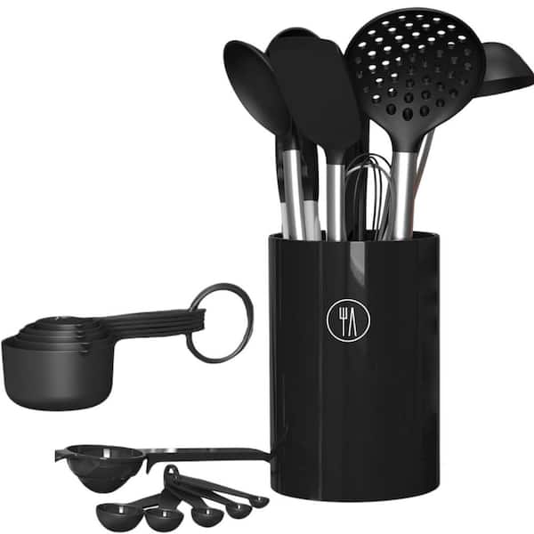 Adrinfly Large Silicone Cooking Utensils Set Heat Resistant Spatula Spoon Tongs Whisk Stainless Steel Nonstick Safe Black