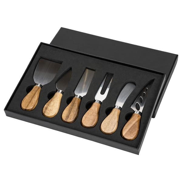 6-Piece Cheese Knife Set with Stainless Steel Blades and Wood Handles—Slicer, Cutter, Fork and Spreader