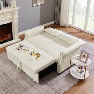 68.9 in. W Rolled Arm Polyester Fabric Rectangle Convertible Sofa with Pillow in Beige