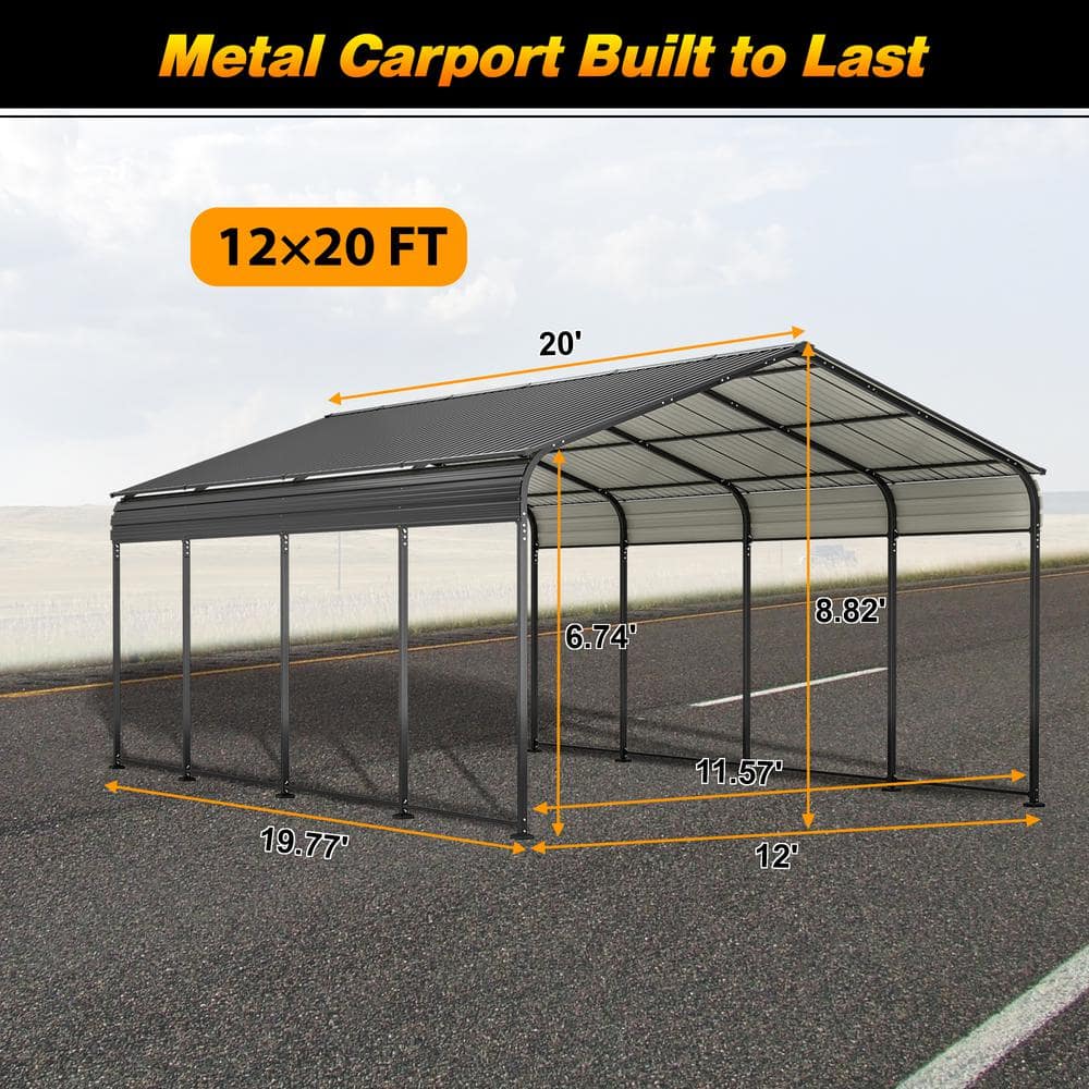 12' x 20' Gray Metal Carport with Galvanized Steel Roof