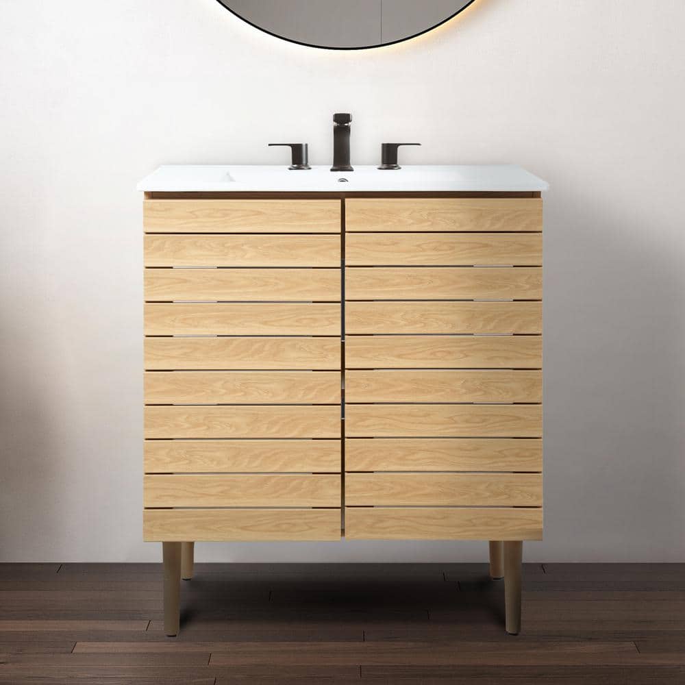 Aubert 30" Oak Slat Modern Farmhouse Bath Vanity Cabinet