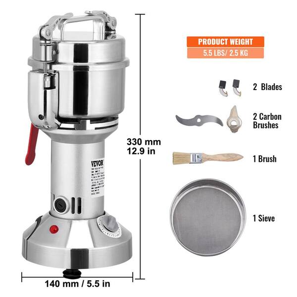VEVOR Electric Grain Mill Grinder 1500W 110V Spice Grinders Commercial Corn Mill with Funnel Thickness Adjustable Powder Machine Heavy Duty Feed