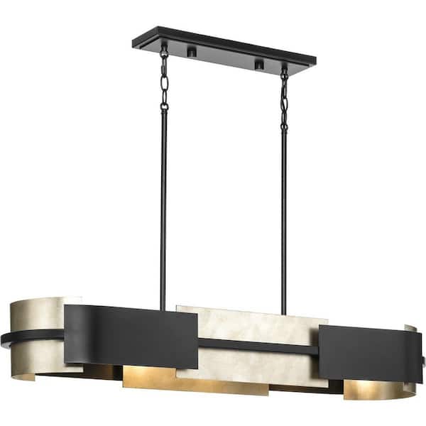Progress Lighting Lowery Collection 4-Light Matte Black Industrial Luxe Linear Chandelier with Aged Silver Leaf Accent