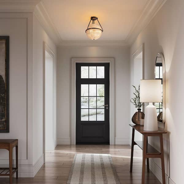 Apsel 3-Light 13.7 in. Matte Black Modern Grid Textured Glass Globe Semi-Flush Mount Light for Dining Room